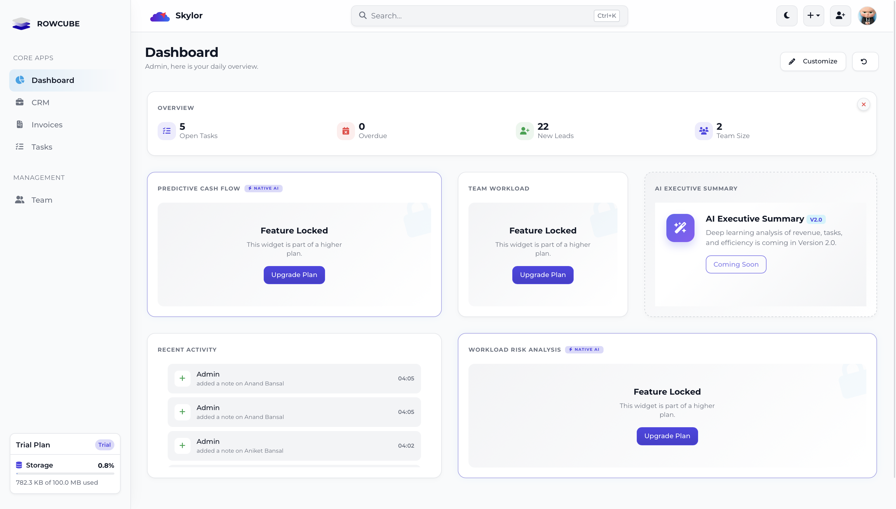 Skylor Dashboard Interface