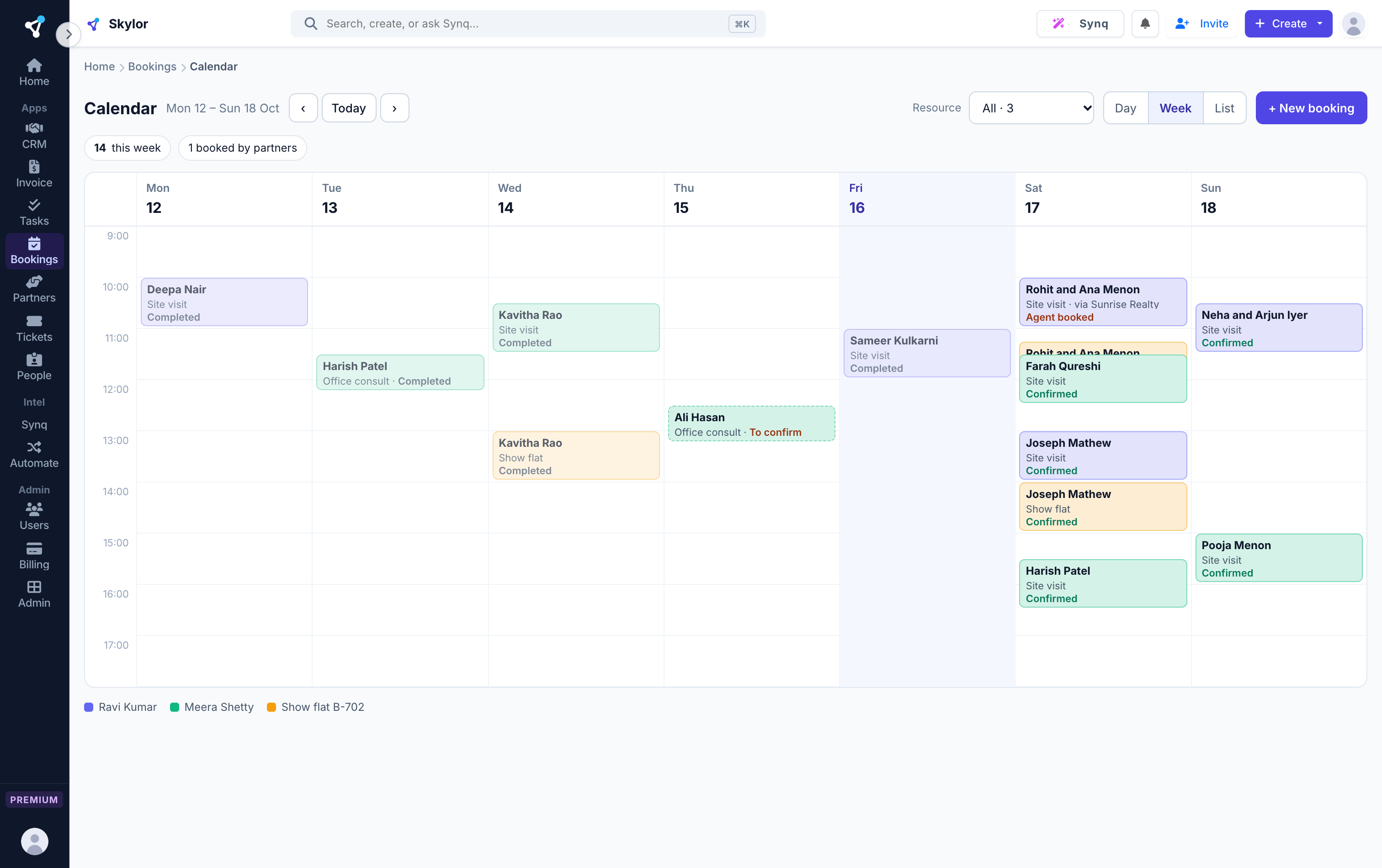 Bookings calendar, week view: three calendars, a full Saturday of site visits, one to confirm and one booked by a partner