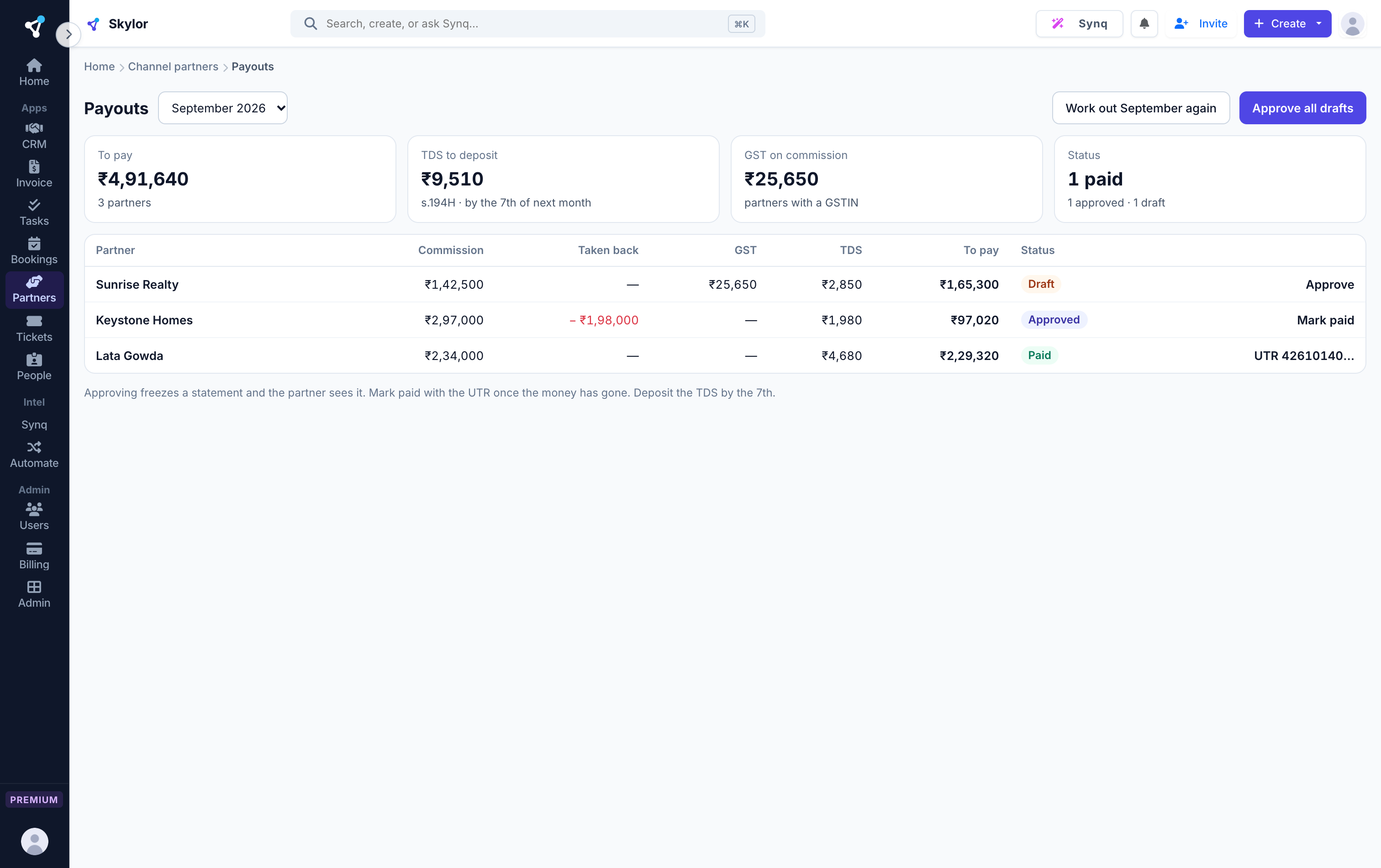 Monthly payouts, GST and TDS worked out