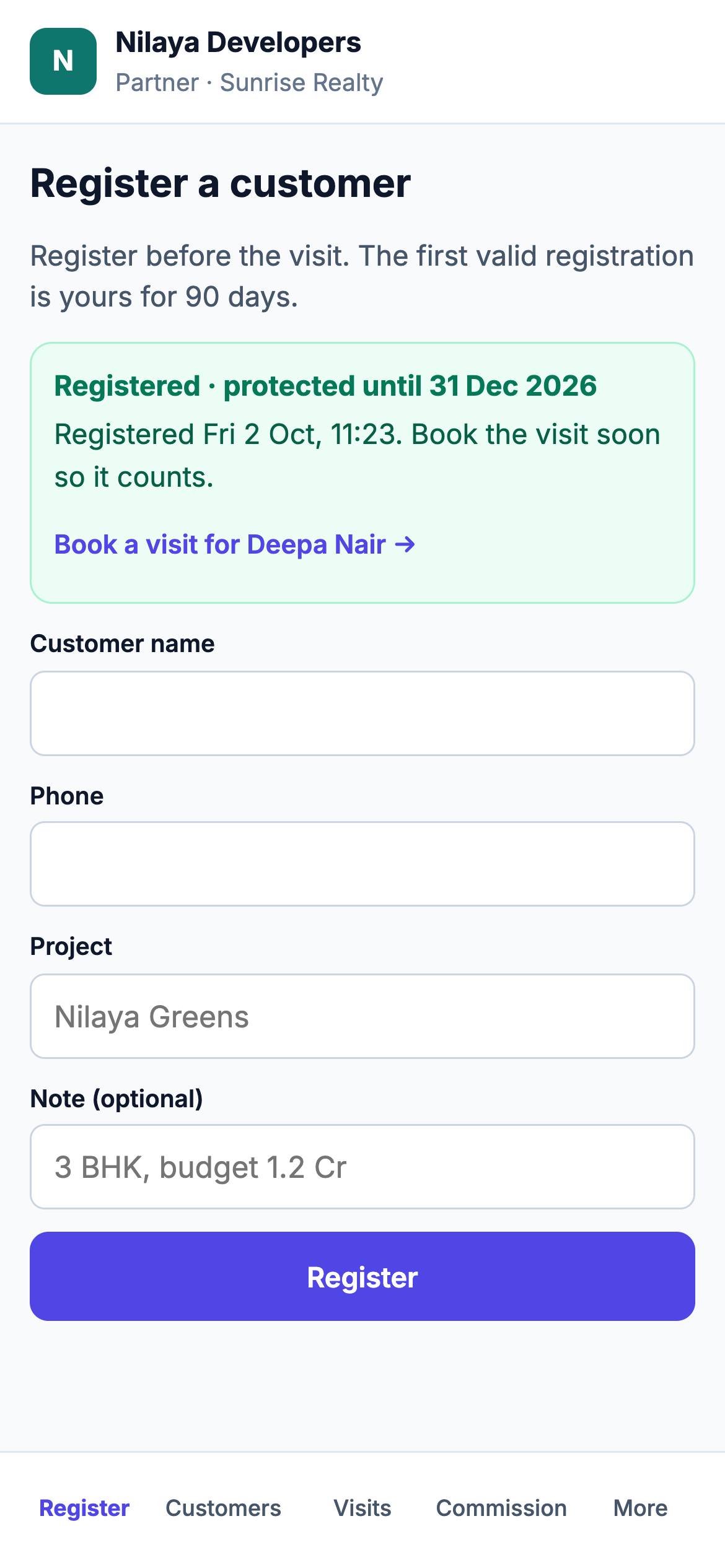The partner's own phone page: Registered, protected until 31 Dec 2026
