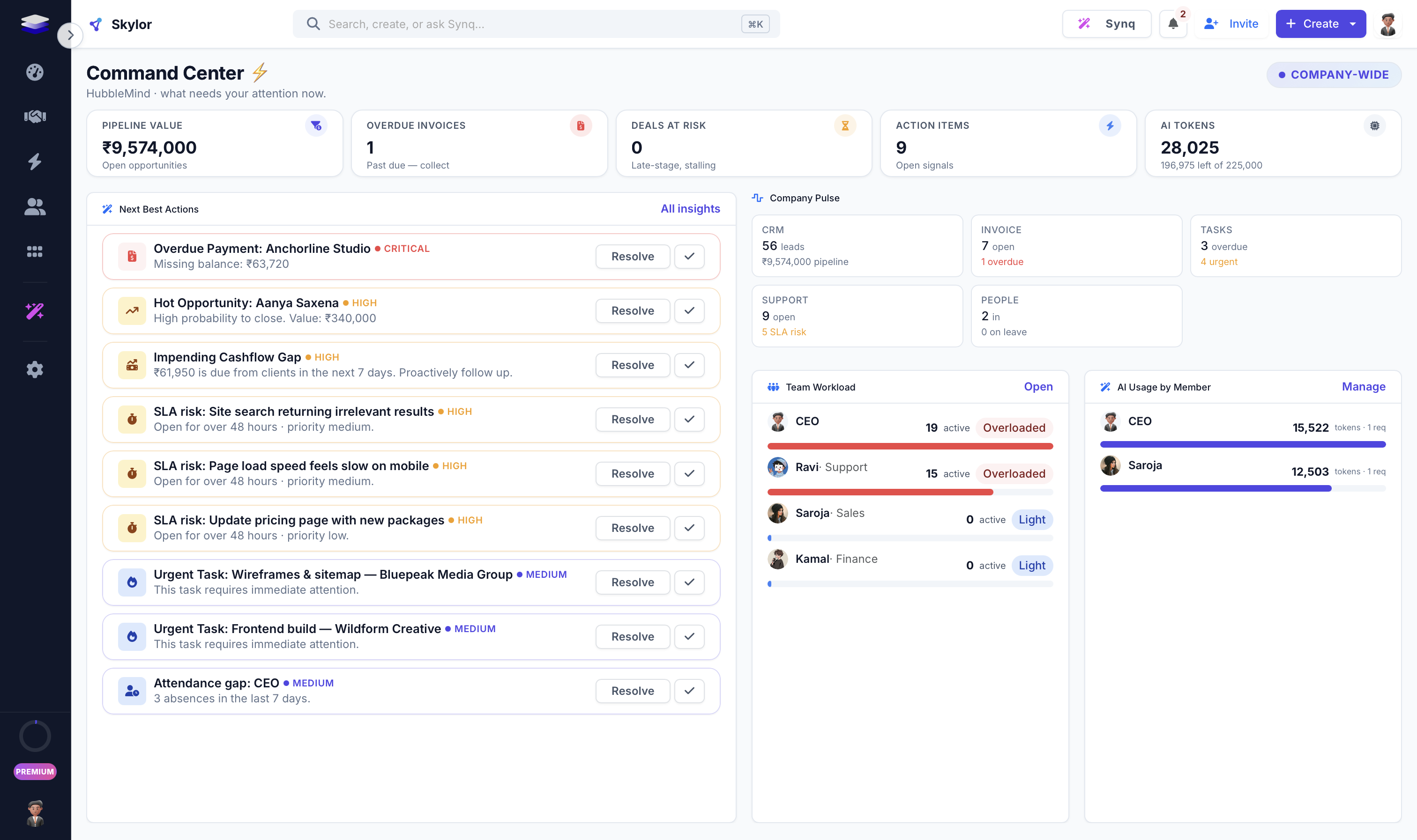 Skylor command-center dashboard
