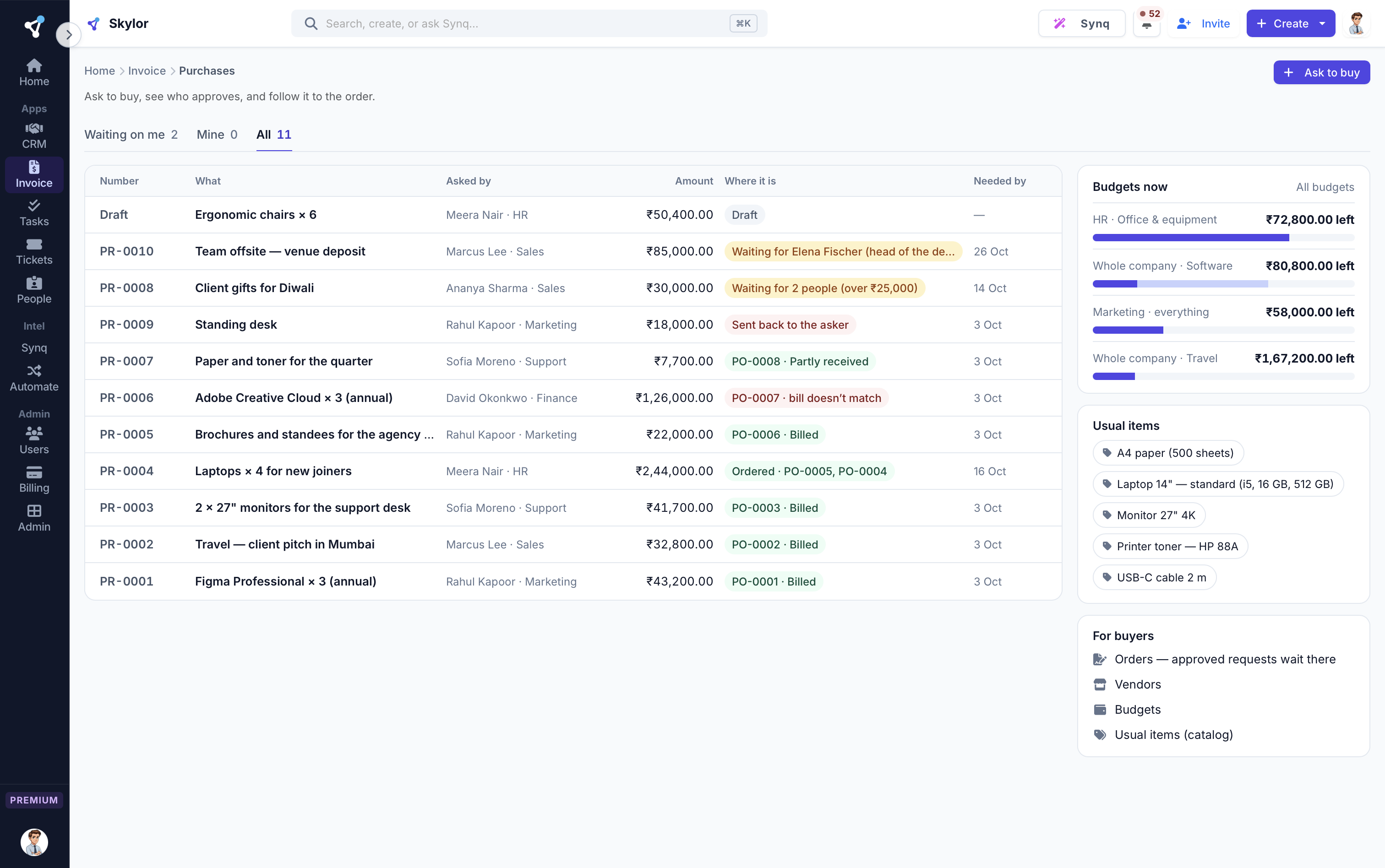 Skylor Purchases: requests to buy, each with its approver and status