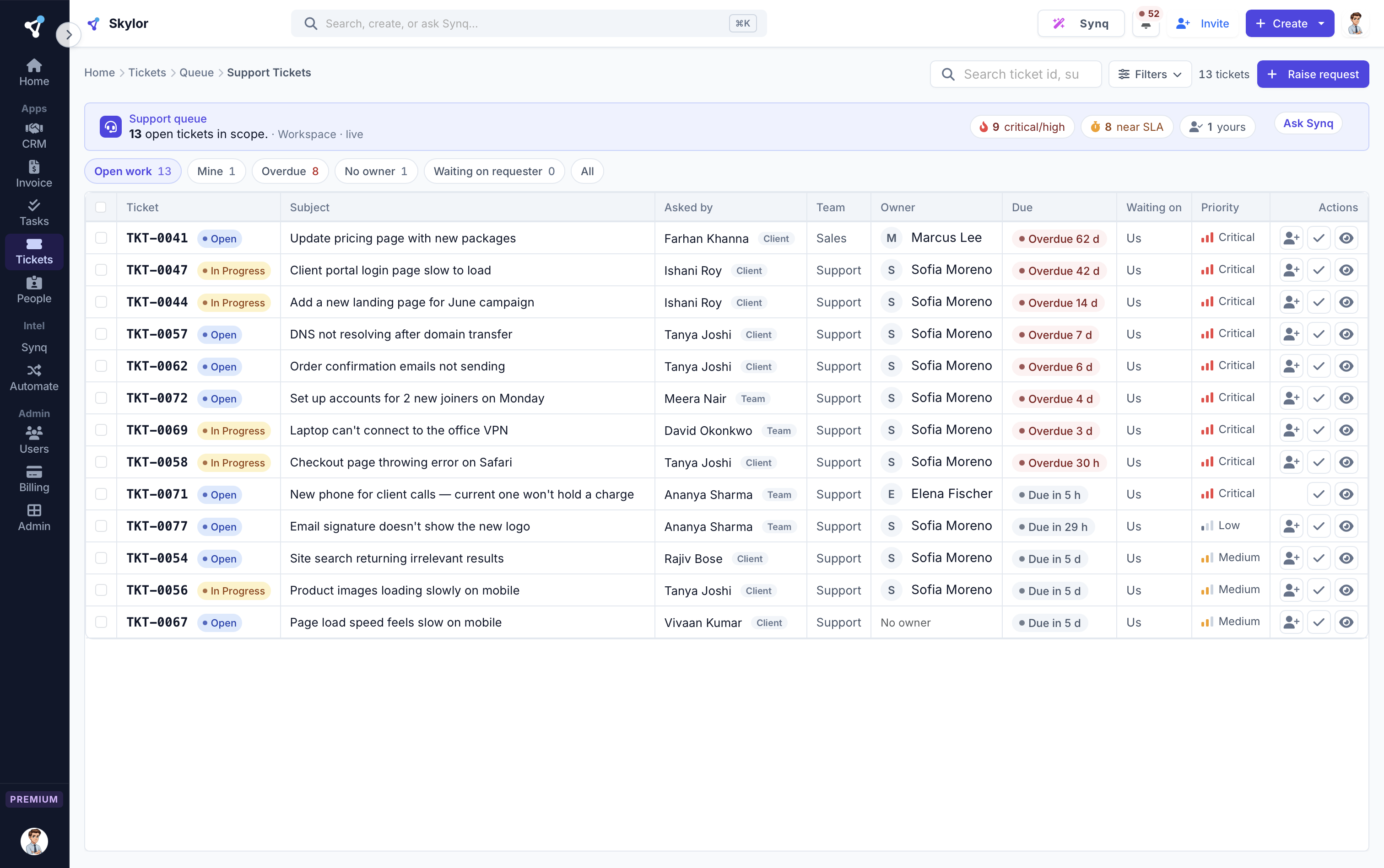 Skylor support queue with SLA status and assignees